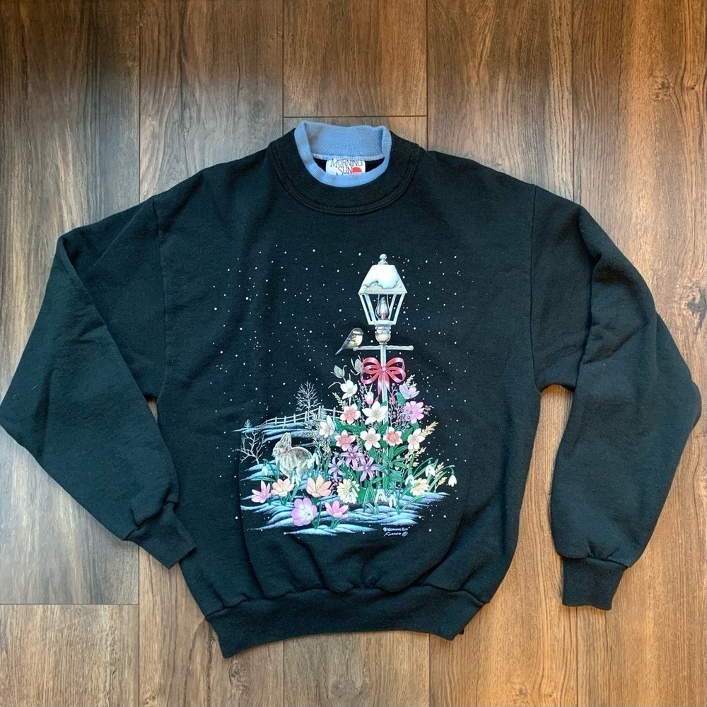 Vintage 90s Morning Sun Black Winter Christmas Birds Pullover Sweater With Snow